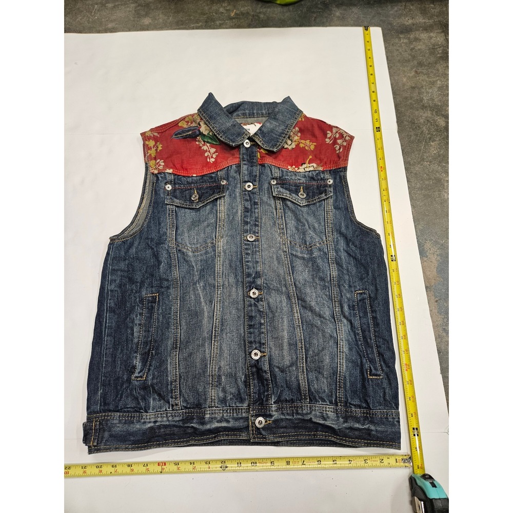 Parish Nation Mens XL Denim Vest Floral Contrast Yoke Blue Jean Trucker Jacket